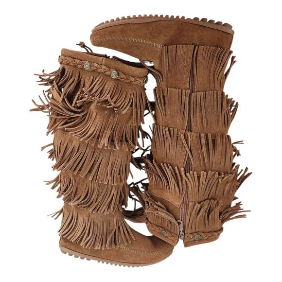 Minnetonka Boho Layered Fringe Suede Leather Tall Flat Boots Size 6 like NEW - Picture 4 of 13